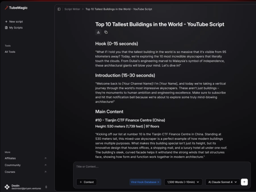 TubeMagic AI Script Writer dashboard for creating YouTube video scripts