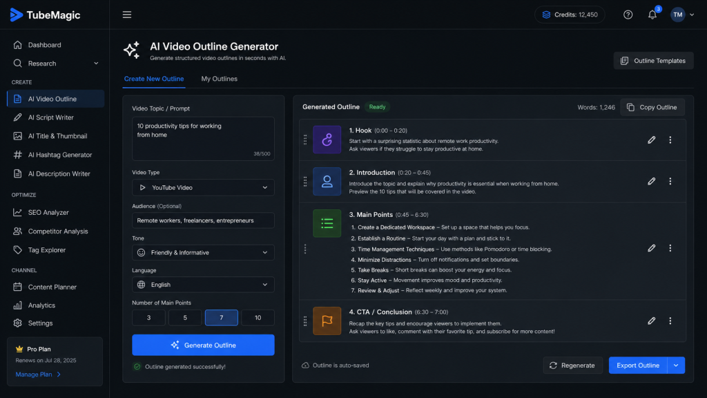 TubeMagic AI Video Outline Generator with hook, introduction, main points, and conclusion sections