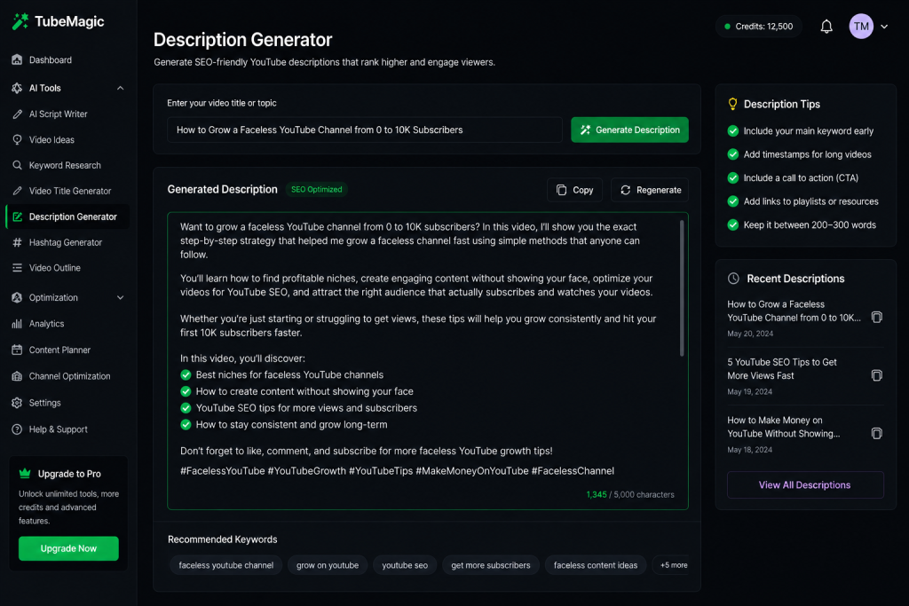 TubeMagic Description Generator dashboard for creating SEO-friendly YouTube video descriptions
