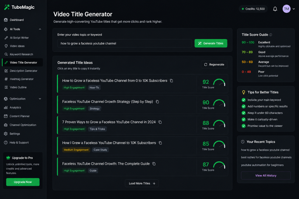 TubeMagic Video Title Generator dashboard with AI-generated YouTube title suggestions