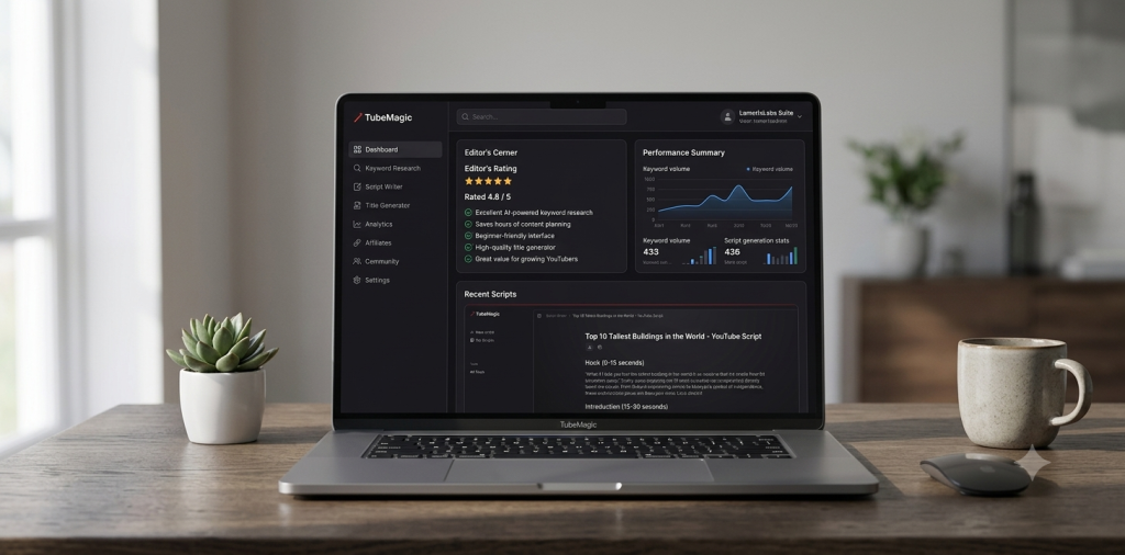 TubeMagic AI YouTube tool review on laptop